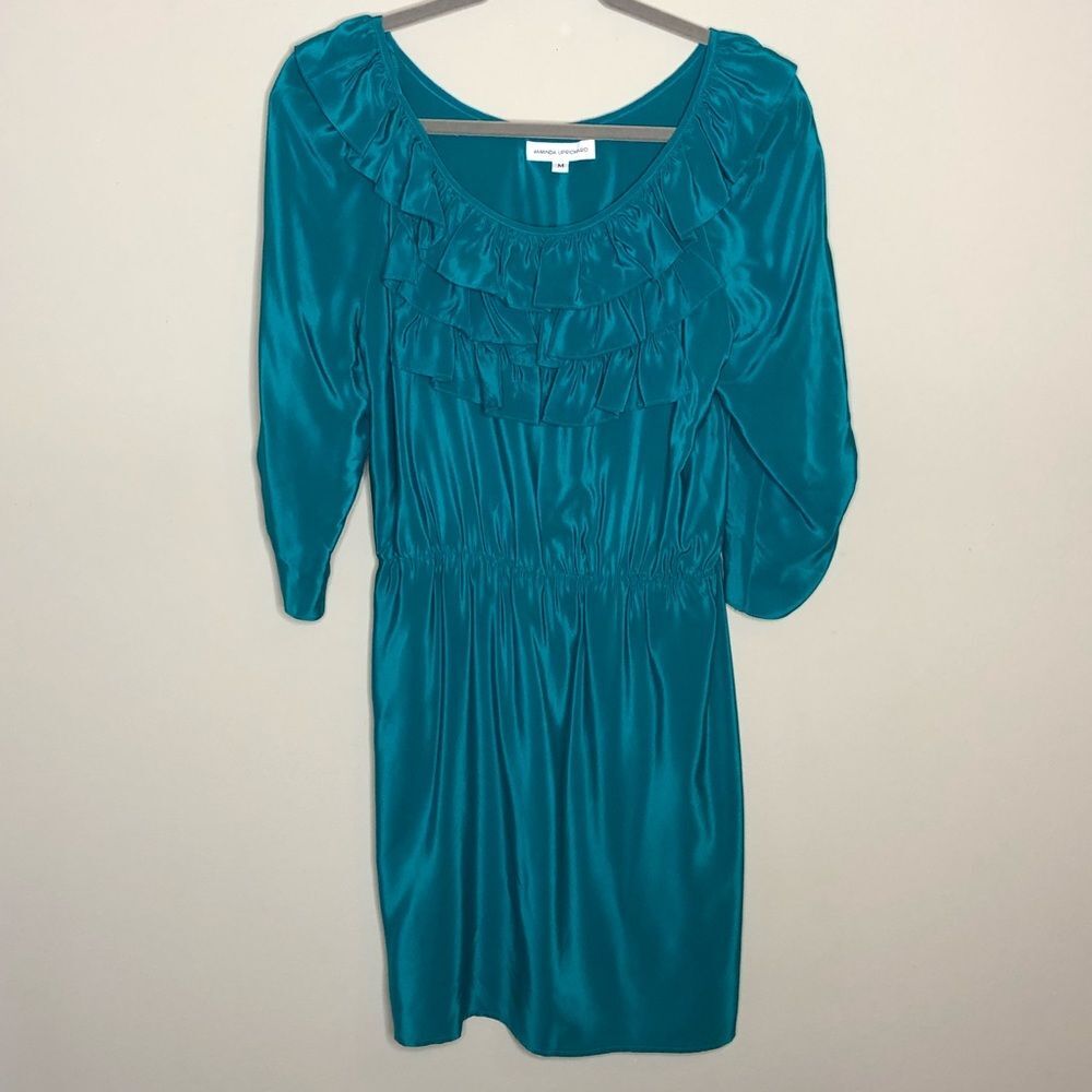 Amanda Uprichard Teal Ruffle Front Silk Dress M